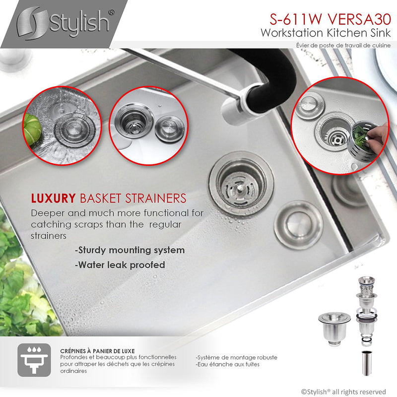 Stylish 30" VERSA30 S-611W Workstation Single Bowl Undermount Stainless Steel Kitchen Sink with Accessories