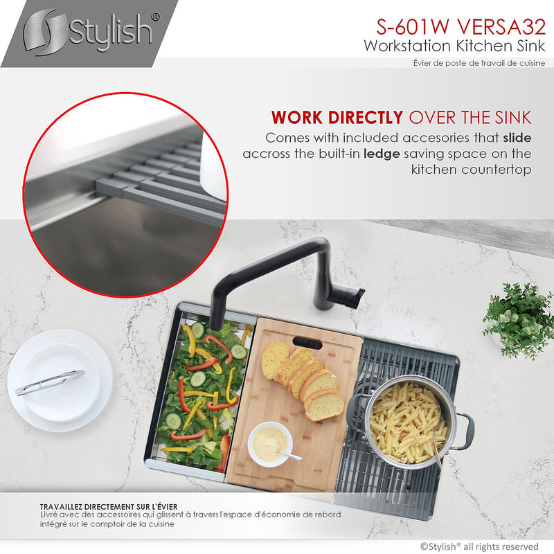 Stylish 32" VERSA32 S-601W Undermount Workstation Double Bowl Stainless Steel Kitchen Sink with Accessories