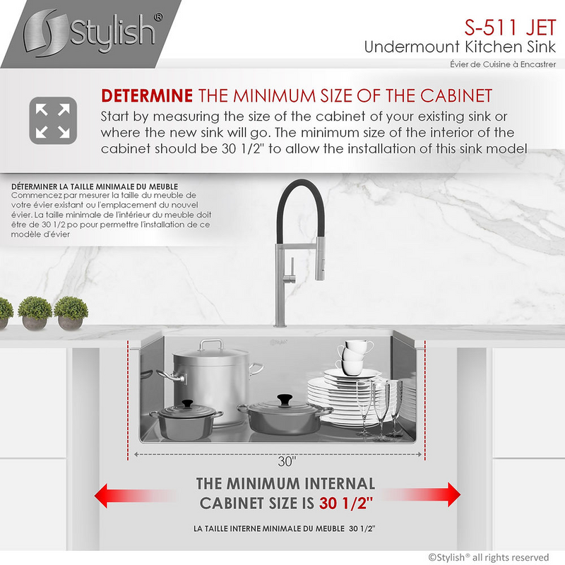Stylish JET 30" Single Bowl Kitchen Sink, 16 Gauge Stainless Steel with Grid and Square Strainer - S-511XG