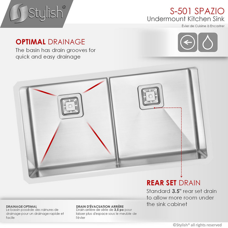 Stylish SPAZIO 33" Double Bowl Kitchen Sink, 16 Gauge Stainless Steel with Grids and Square Basket Strainers - S-501XG