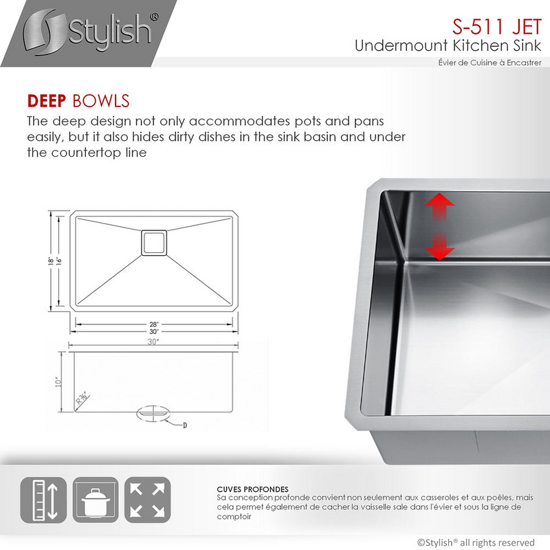 Stylish JET 30" Single Bowl Kitchen Sink, 16 Gauge Stainless Steel with Grid and Square Strainer - S-511XG