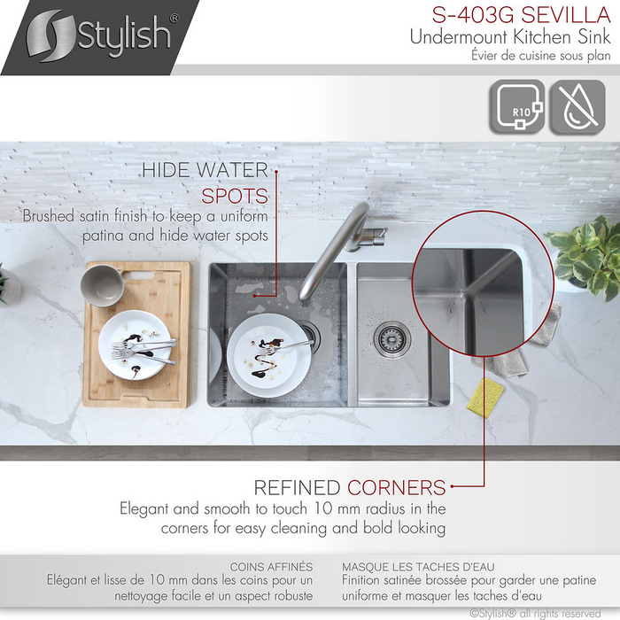 Stylish SEVILLA 28" Undermount Double Bowl Kitchen Sink, 18 Gauge Stainless Steel with Grids and Standard Strainers - S-403G
