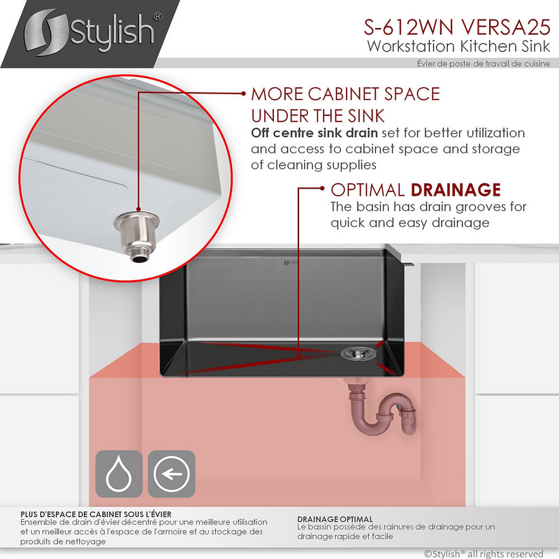 Stylish VERSA25 25" Handmade Workstation Single Bowl Kitchen Sink Built in Accessories