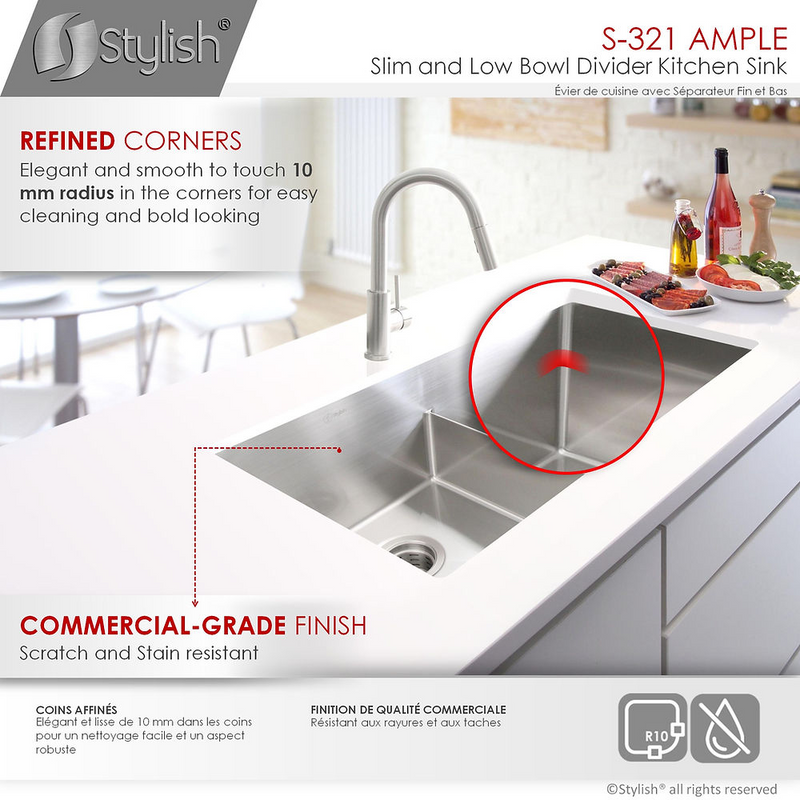Stylish AMPLE 32" Double Bowl Kitchen Sink, 16 Gauge Stainless Steel with Grids and Basket Strainers - S-321XG