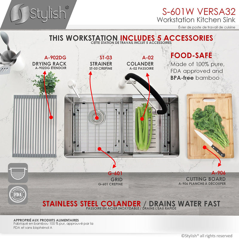 Stylish 32" VERSA32 S-601W Undermount Workstation Double Bowl Stainless Steel Kitchen Sink with Accessories