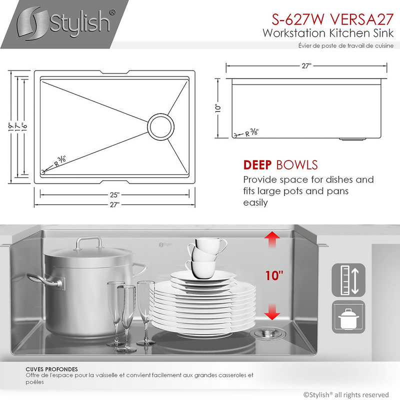 Stylish VERSA27 27" Workstation Single Bowl Undermount 16 Gauge Stainless Steel Kitchen Sink with Built in Accessories - S-627W