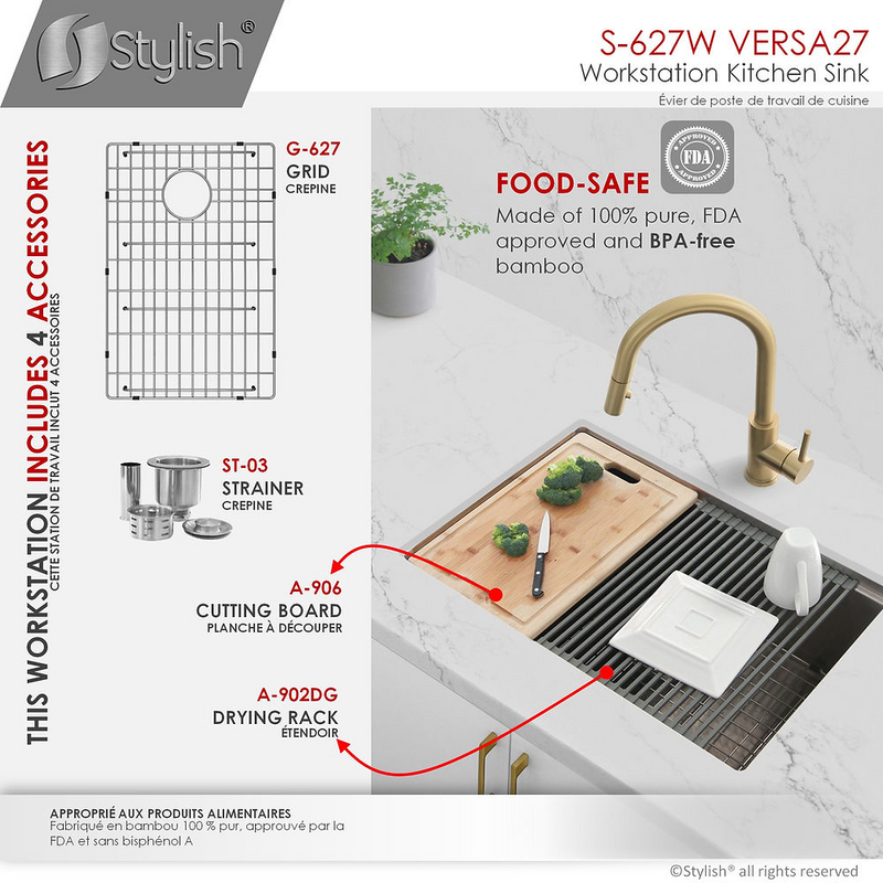 Stylish VERSA27 27" Workstation Single Bowl Undermount 16 Gauge Stainless Steel Kitchen Sink with Built in Accessories - S-627W