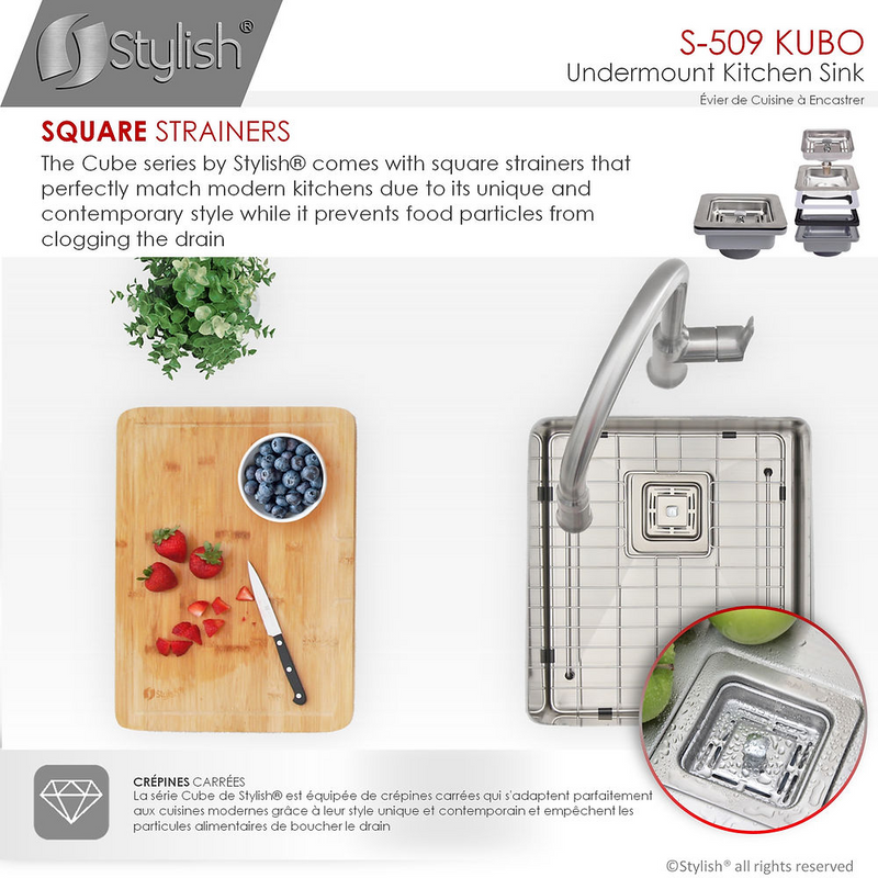 Stylish KUBO 16" Single Bowl Bar Sink, 16 Gauge Stainless Steel with Grid and Square Strainer - S-509XG