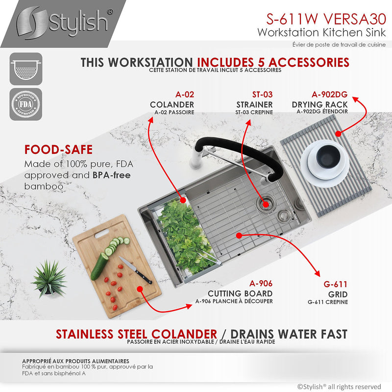 Stylish 30" VERSA30 S-611W Workstation Single Bowl Undermount Stainless Steel Kitchen Sink with Accessories