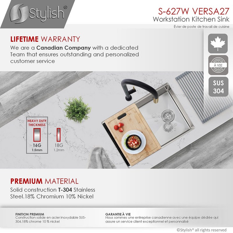 Stylish VERSA27 27" Workstation Single Bowl Undermount 16 Gauge Stainless Steel Kitchen Sink with Built in Accessories - S-627W