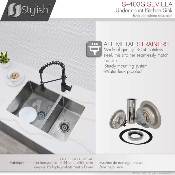Stylish SEVILLA 28" Undermount Double Bowl Kitchen Sink, 18 Gauge Stainless Steel with Grids and Standard Strainers - S-403G