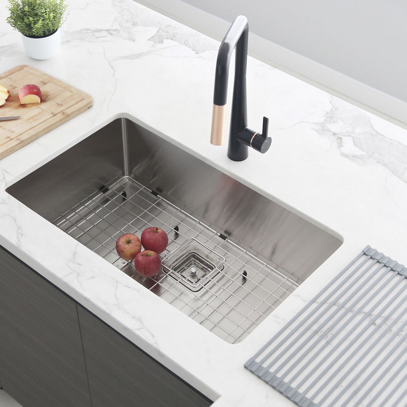 Stylish JET 30" Single Bowl Kitchen Sink, 16 Gauge Stainless Steel with Grid and Square Strainer - S-511XG