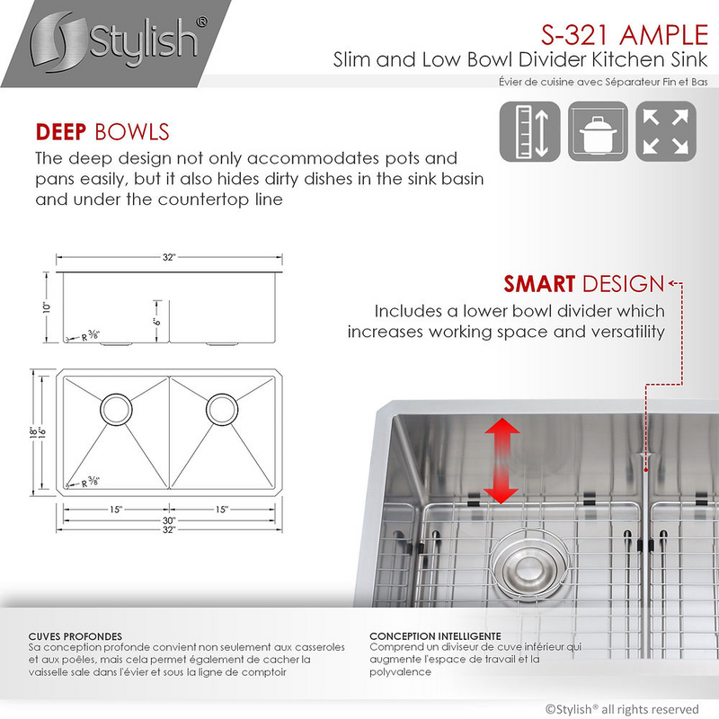 Stylish AMPLE 32" Double Bowl Kitchen Sink, 16 Gauge Stainless Steel with Grids and Basket Strainers - S-321XG