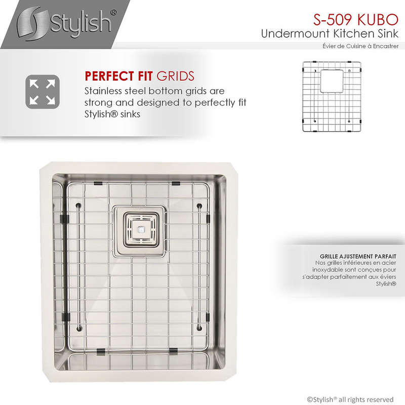 Stylish KUBO 16" Single Bowl Bar Sink, 16 Gauge Stainless Steel with Grid and Square Strainer - S-509XG