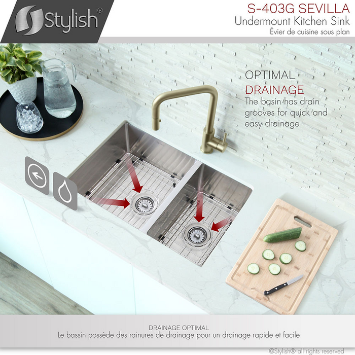 Stylish SEVILLA 28" Undermount Double Bowl Kitchen Sink, 18 Gauge Stainless Steel with Grids and Standard Strainers - S-403G