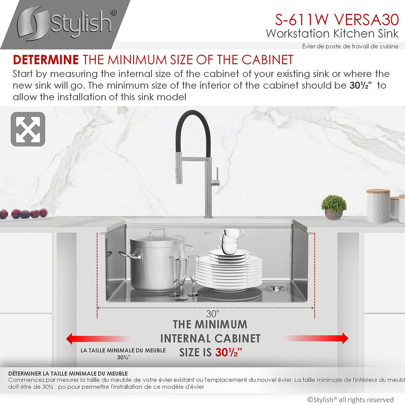 Stylish 30" VERSA30 S-611W Workstation Single Bowl Undermount Stainless Steel Kitchen Sink with Accessories