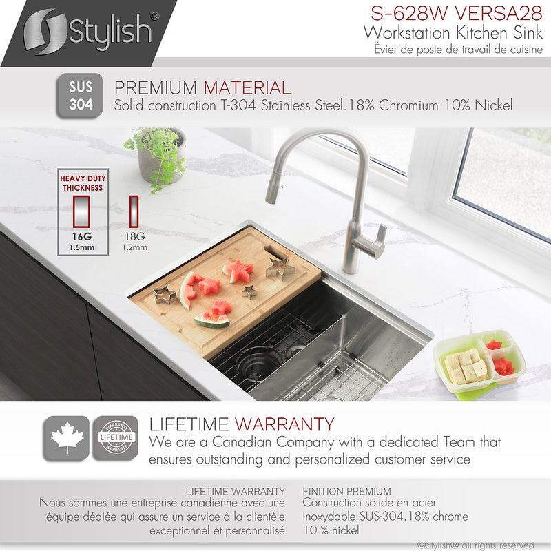 Stylish 28" VERSA28 S-628W Workstation 60/40 Double Bowl Undermount Stainless Steel Kitchen Sink with Accessories