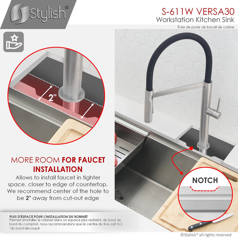 Stylish 30" VERSA30 S-611W Workstation Single Bowl Undermount Stainless Steel Kitchen Sink with Accessories