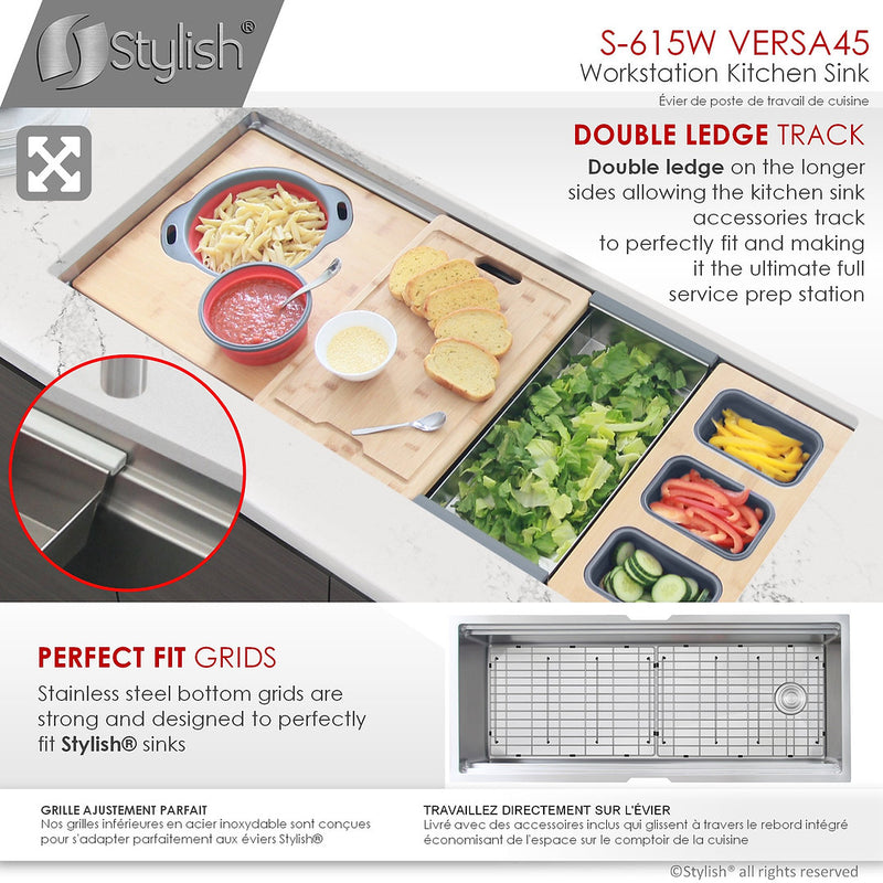 Stylish 45" VERSA45 S-615W 45 L X 19 W-inch Undermount Single Bowl Reversible 16G Kitchen Sink Workstation with Accessories