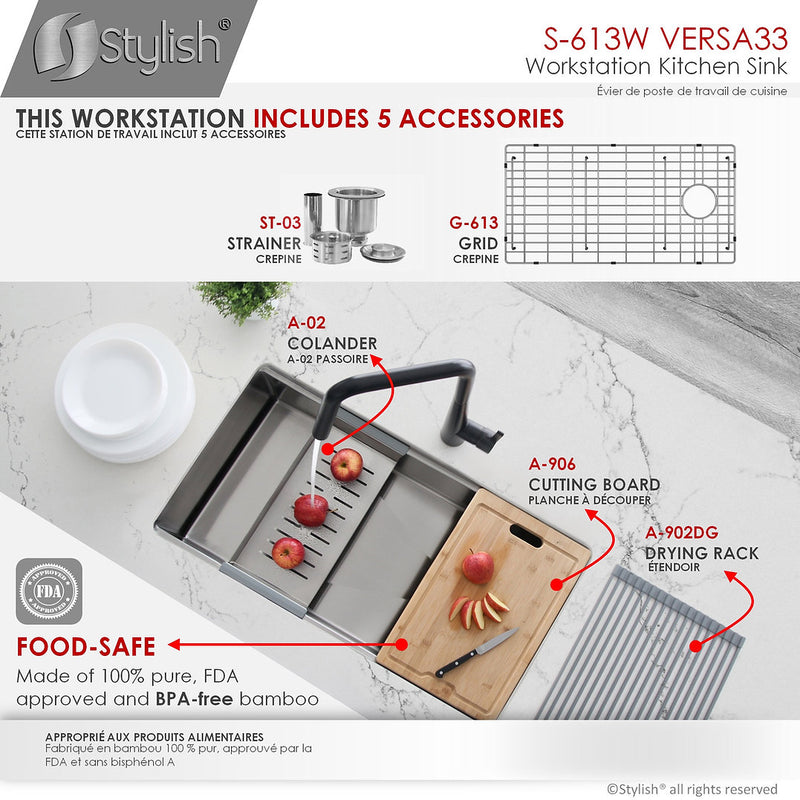 Stylish 33" VERSA33 S-613W Undermount Workstation Stainless Steel Single-Bowl Kitchen Sink with Accessories