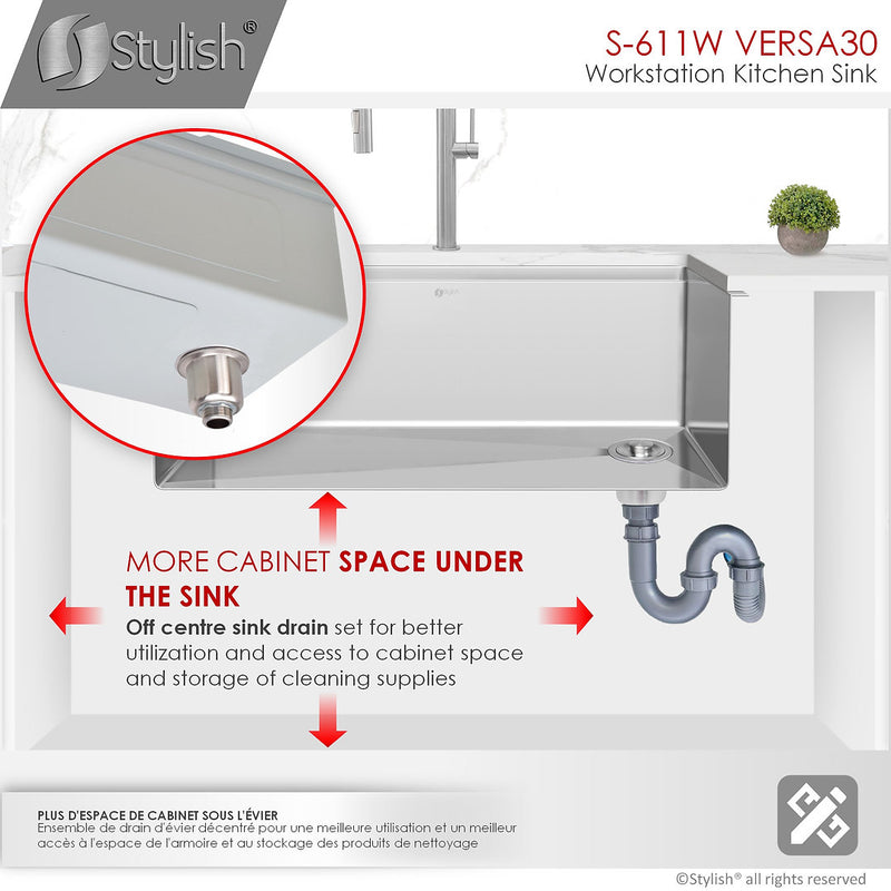Stylish 30" VERSA30 S-611W Workstation Single Bowl Undermount Stainless Steel Kitchen Sink with Accessories