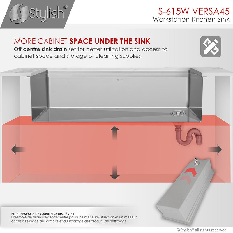 Stylish 45" VERSA45 S-615W 45 L X 19 W-inch Undermount Single Bowl Reversible 16G Kitchen Sink Workstation with Accessories
