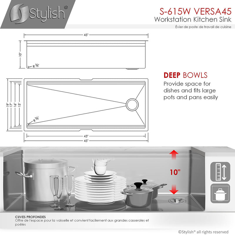 Stylish 45" VERSA45 S-615W 45 L X 19 W-inch Undermount Single Bowl Reversible 16G Kitchen Sink Workstation with Accessories