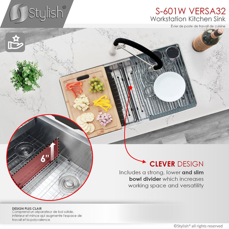 Stylish 32" VERSA32 S-601W Undermount Workstation Double Bowl Stainless Steel Kitchen Sink with Accessories