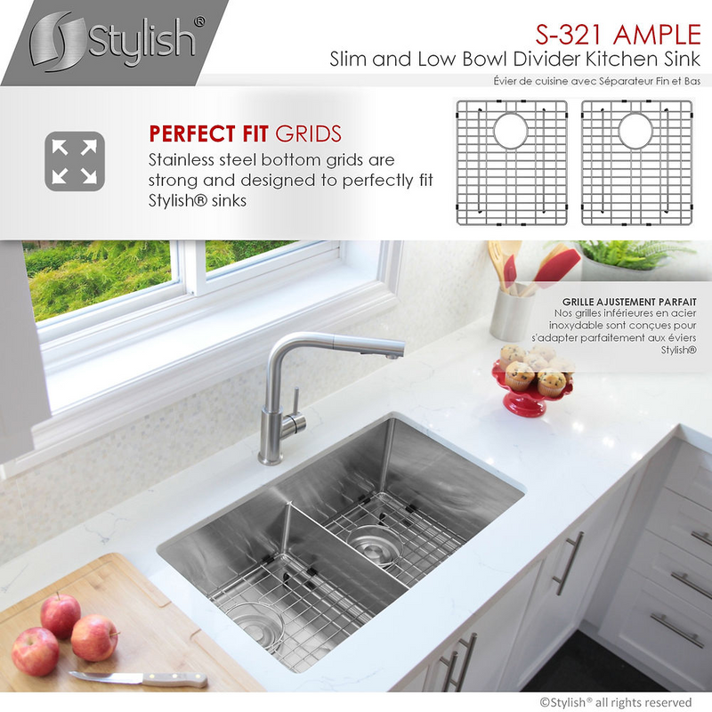 Stylish AMPLE 32" Double Bowl Kitchen Sink, 16 Gauge Stainless Steel with Grids and Basket Strainers - S-321XG
