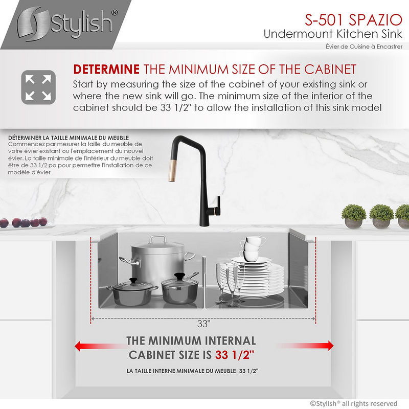 Stylish SPAZIO 33" Double Bowl Kitchen Sink, 16 Gauge Stainless Steel with Grids and Square Basket Strainers - S-501XG