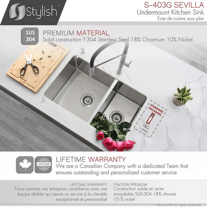 Stylish SEVILLA 28" Undermount Double Bowl Kitchen Sink, 18 Gauge Stainless Steel with Grids and Standard Strainers - S-403G
