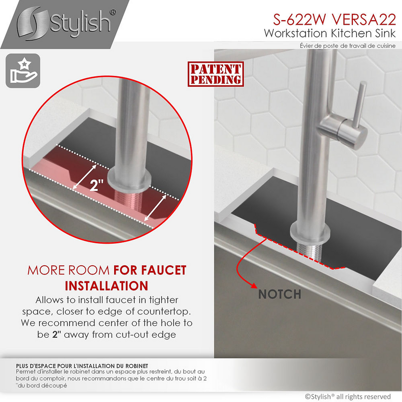Stylish VERSA22 22" Workstation Single Bowl Undermount 16 Gauge Stainless Steel Kitchen Sink with Built in Accessories - S-622W