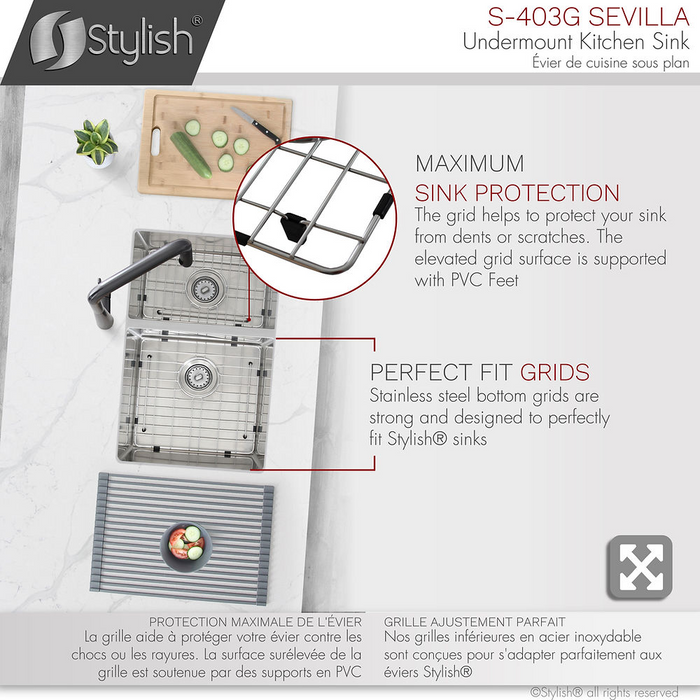 Stylish SEVILLA 28" Undermount Double Bowl Kitchen Sink, 18 Gauge Stainless Steel with Grids and Standard Strainers - S-403G