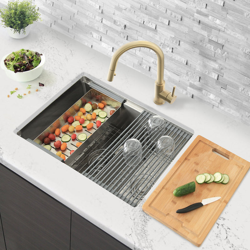 Stylish 28" VERSA28 S-628W Workstation 60/40 Double Bowl Undermount Stainless Steel Kitchen Sink with Accessories