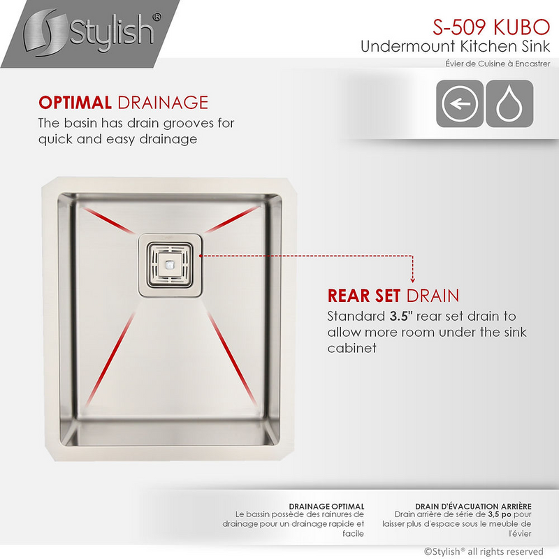 Stylish KUBO 16" Single Bowl Bar Sink, 16 Gauge Stainless Steel with Grid and Square Strainer - S-509XG
