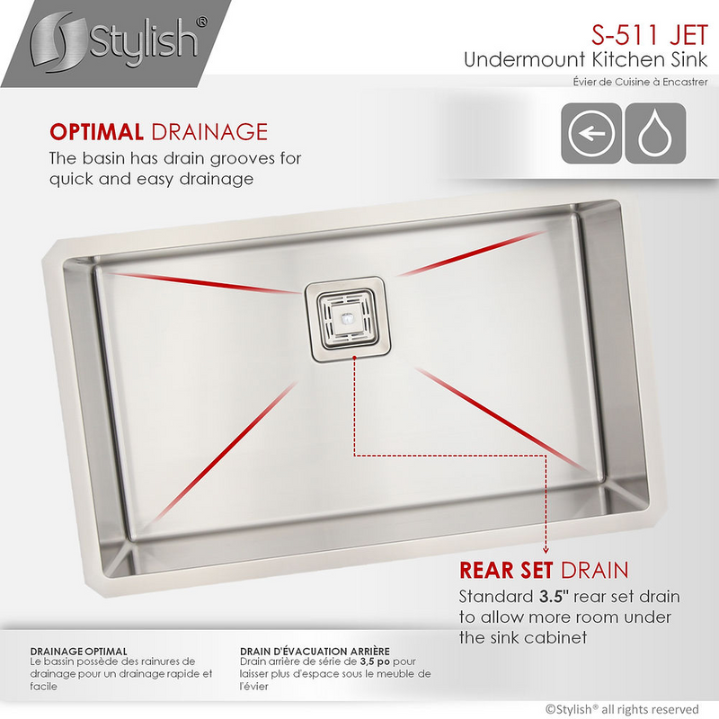 Stylish JET 30" Single Bowl Kitchen Sink, 16 Gauge Stainless Steel with Grid and Square Strainer - S-511XG