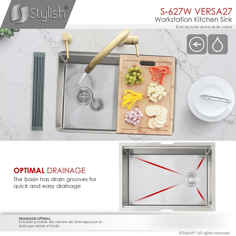 Stylish VERSA27 27" Workstation Single Bowl Undermount 16 Gauge Stainless Steel Kitchen Sink with Built in Accessories - S-627W