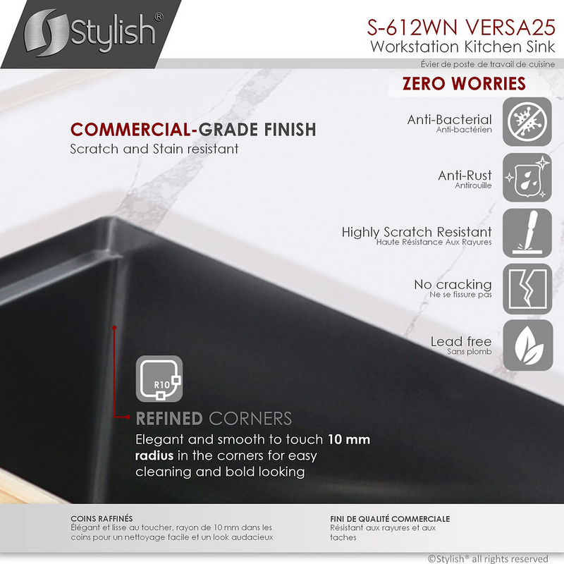 Stylish VERSA25 25" Handmade Workstation Single Bowl Kitchen Sink Built in Accessories