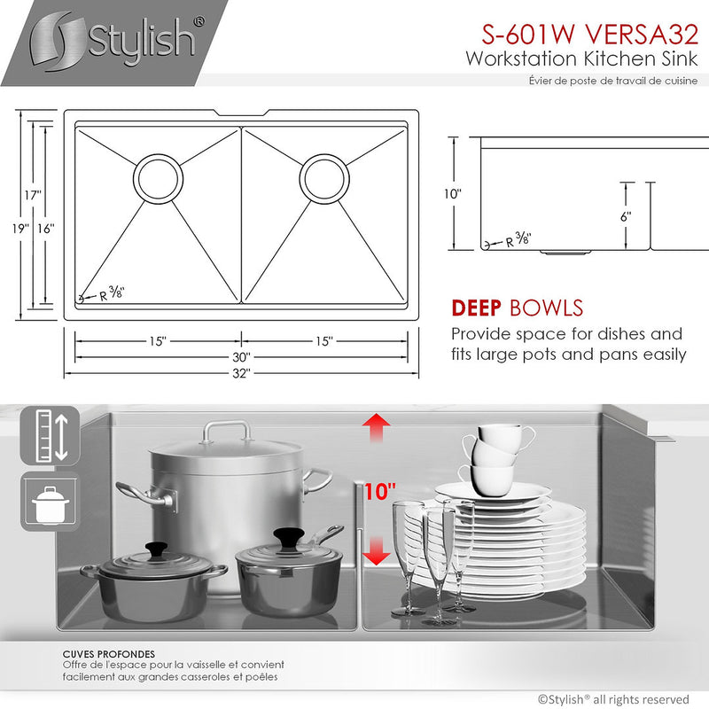 Stylish 32" VERSA32 S-601W Undermount Workstation Double Bowl Stainless Steel Kitchen Sink with Accessories