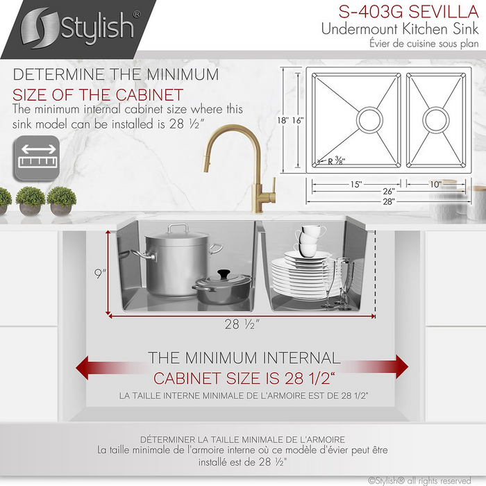 Stylish SEVILLA 28" Undermount Double Bowl Kitchen Sink, 18 Gauge Stainless Steel with Grids and Standard Strainers - S-403G