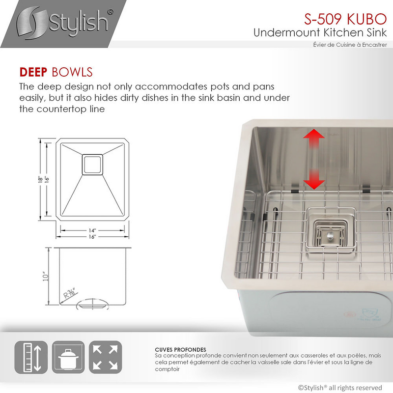Stylish KUBO 16" Single Bowl Bar Sink, 16 Gauge Stainless Steel with Grid and Square Strainer - S-509XG