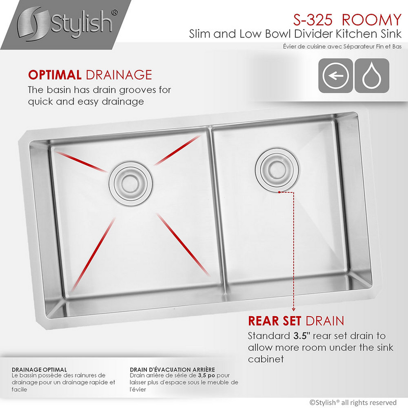 Stylish ROOMY 32" Double Bowl Kitchen Sink, 16 Gauge Stainless Steel with Grids and Basket Strainers - S-325XG