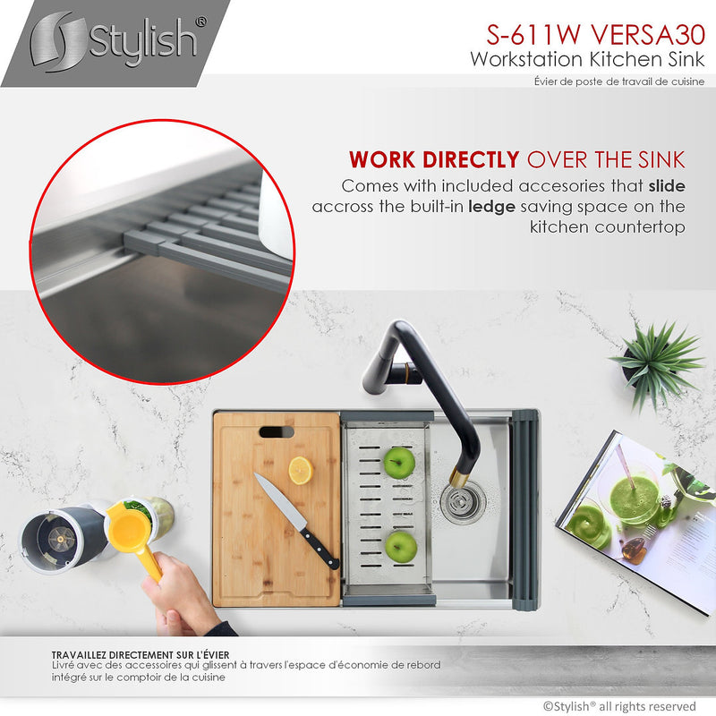 Stylish 30" VERSA30 S-611W Workstation Single Bowl Undermount Stainless Steel Kitchen Sink with Accessories