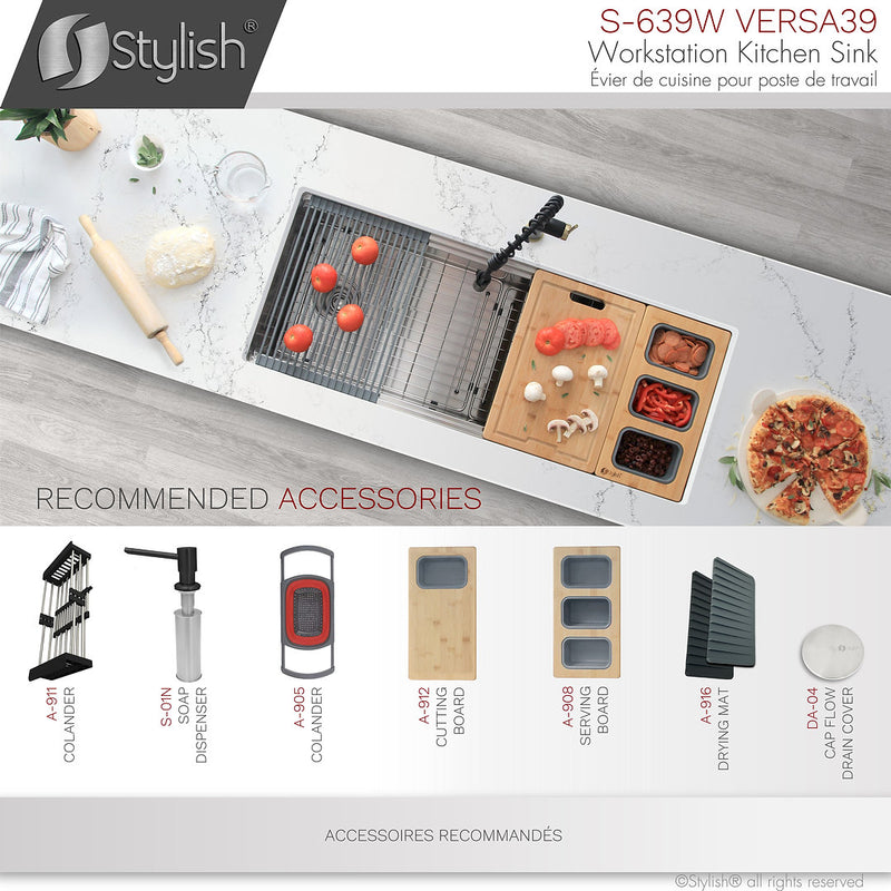 Stylish 39" VERSA39 S-639W Workstation Single Bowl Undermount 16 Gauge Stainless Steel Kitchen Sink with Accessories