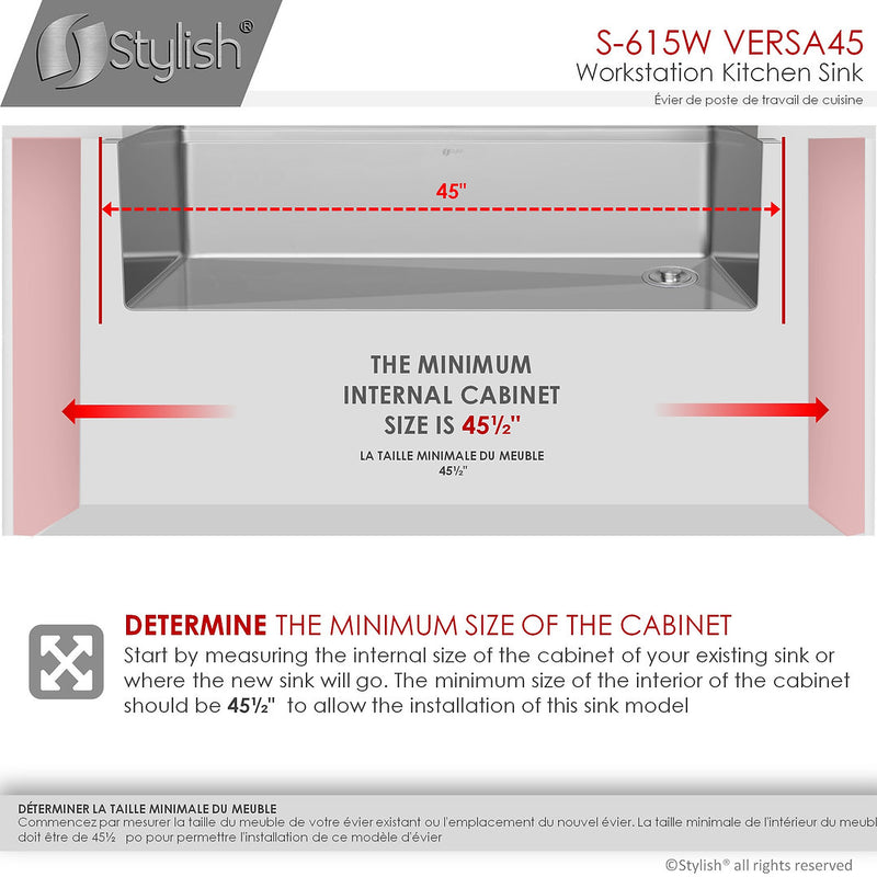 Stylish 45" VERSA45 S-615W 45 L X 19 W-inch Undermount Single Bowl Reversible 16G Kitchen Sink Workstation with Accessories