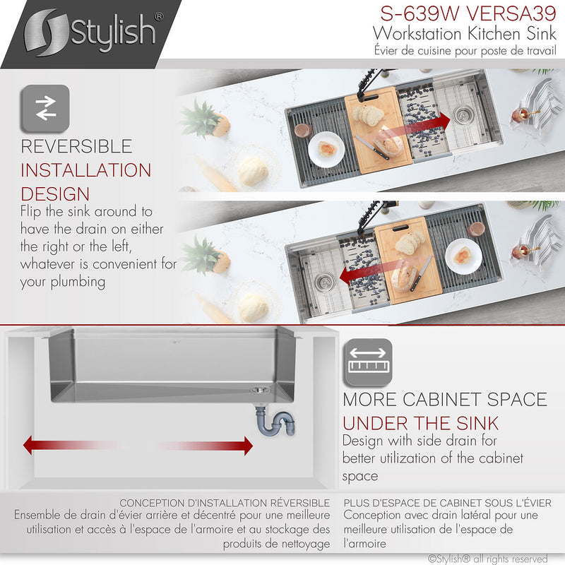 Stylish 39" VERSA39 S-639W Workstation Single Bowl Undermount 16 Gauge Stainless Steel Kitchen Sink with Accessories