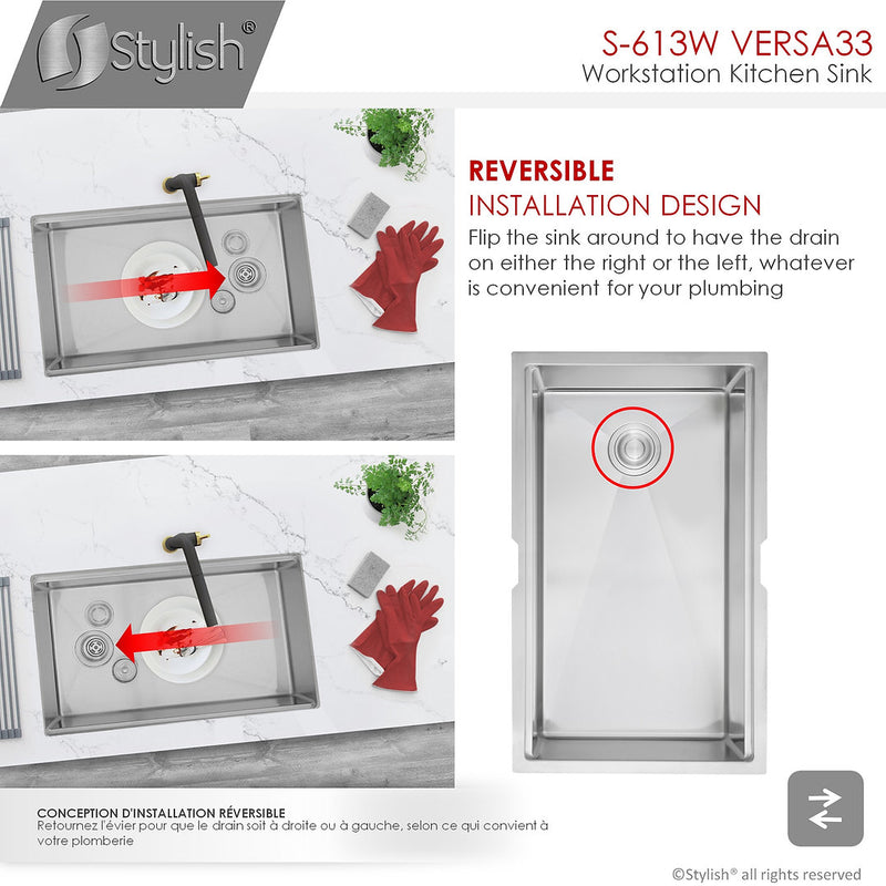 Stylish 33" VERSA33 S-613W Undermount Workstation Stainless Steel Single-Bowl Kitchen Sink with Accessories
