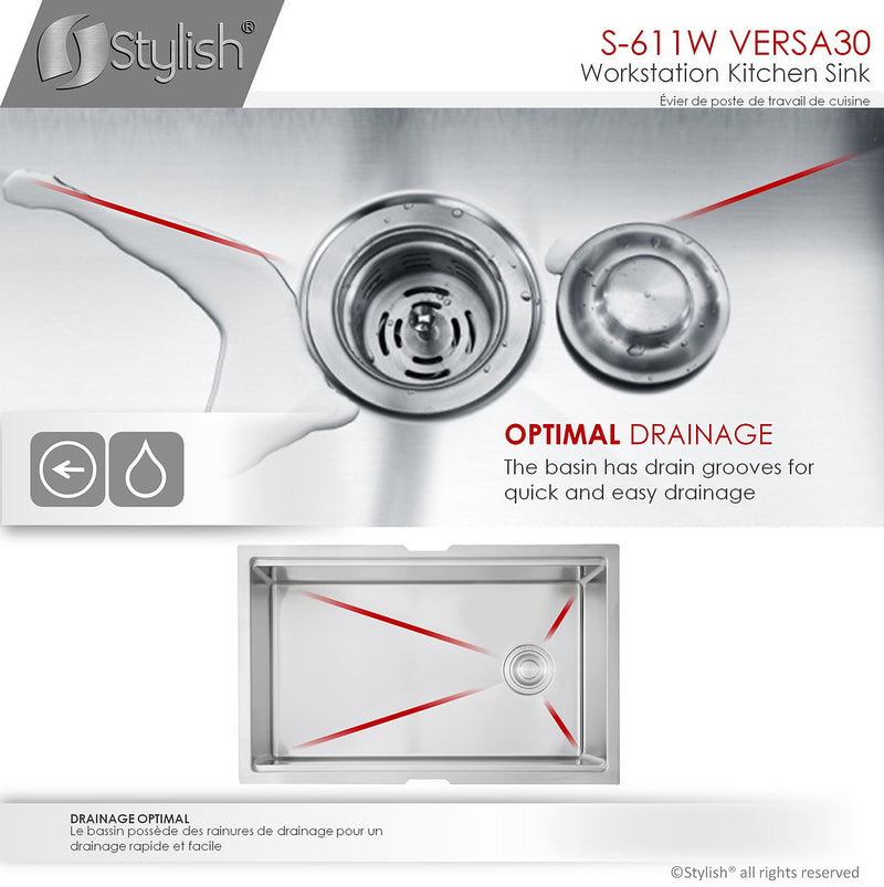 Stylish 30" VERSA30 S-611W Workstation Single Bowl Undermount Stainless Steel Kitchen Sink with Accessories