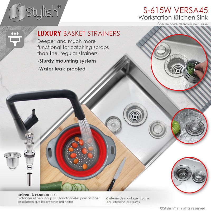 Stylish 45" VERSA45 S-615W 45 L X 19 W-inch Undermount Single Bowl Reversible 16G Kitchen Sink Workstation with Accessories