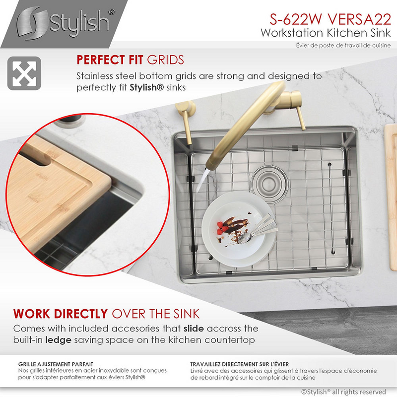 Stylish VERSA22 22" Workstation Single Bowl Undermount 16 Gauge Stainless Steel Kitchen Sink with Built in Accessories - S-622W